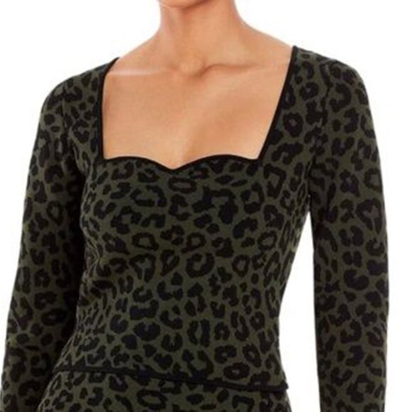 AQUA Leopard animal print Jacquard Long Sleeve Top Black and Green - Picture 1 of 9